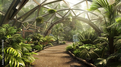 Sunlit Pathway Through Tropical Greenhouse