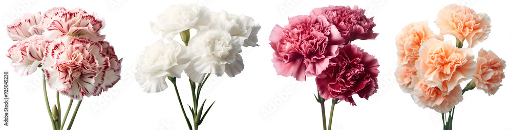Collection set bunch bouquet of colourful peach coral, white, dark pink, stripe stalk of carnation carnations flower floral on transparent cutout PNG. Mockup template artwork graphic design Collection set bunch bouquet of colourful peach coral, white, dark pink, stripe stalk of carnation carnations flower floral on transparent cutout PNG. Mockup template artwork graphic design