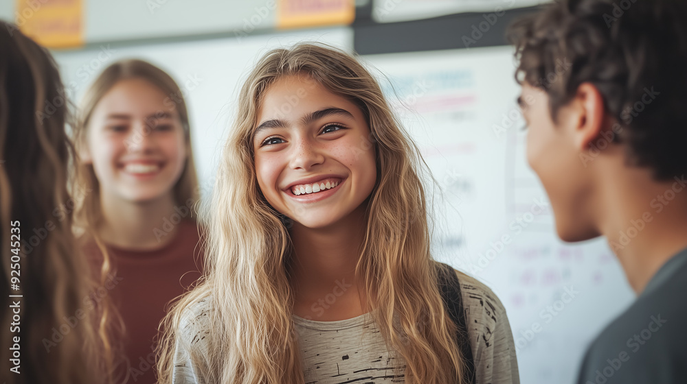 Group of smiling high school students in the classroom. Back to school concept. Group of smiling high school students in the classroom. Back to school concept.