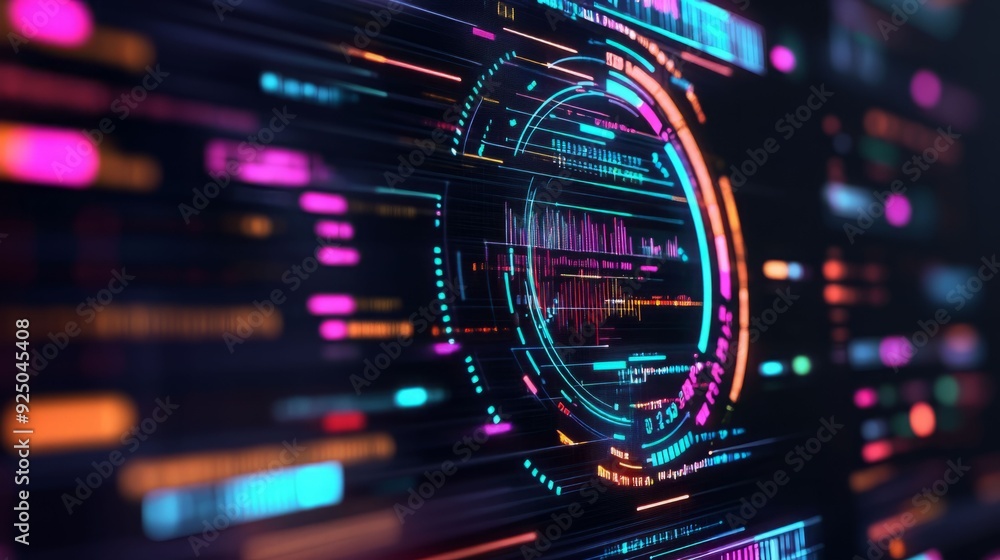 Vibrant digital interface with colorful data streams, showcasing advanced technology and modern design aesthetics. Vibrant digital interface with colorful data streams, showcasing advanced technology and modern design aesthetics.