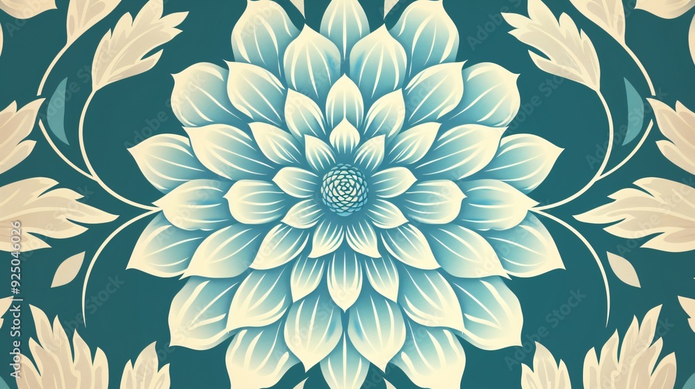 A detailed floral design features layered petals in light blue and cream, set on a deep teal backdrop, creating a serene and elegant visual effect A detailed floral design features layered petals in light blue and cream, set on a deep teal backdrop, creating a serene and elegant visual effect