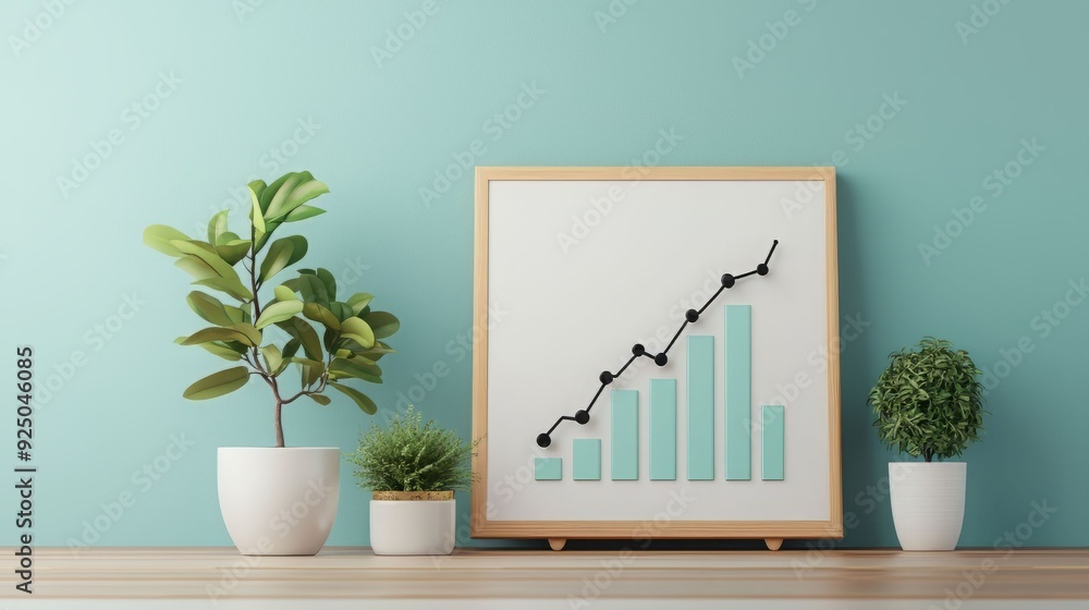 A modern workspace featuring a growth chart, plants, and a teal background, ideal for business and productivity themes. A modern workspace featuring a growth chart, plants, and a teal background, ideal for business and productivity themes.
