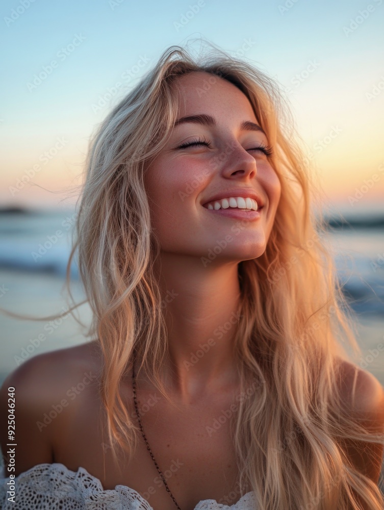 Glowing sunset, smiling woman, joyful expression, casual beachwear, relaxed posture, warm evening atmosphere, gentle breeze, tranquil setting. Glowing sunset, smiling woman, joyful expression, casual beachwear, relaxed posture, warm evening atmosphere, gentle breeze, tranquil setting.