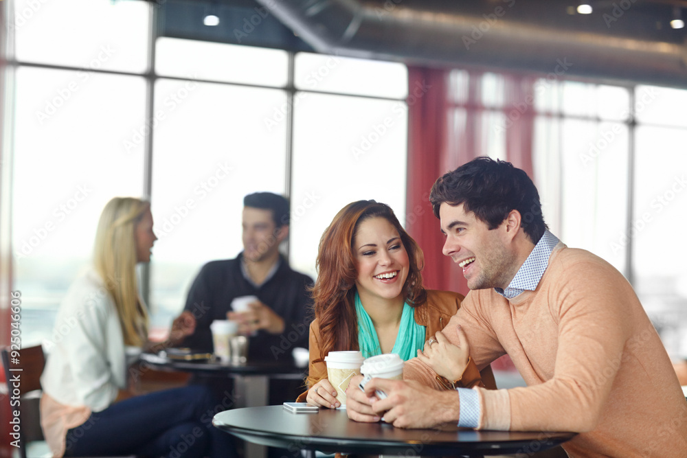 Couple, talking and coffee on date in cafe for relax, bonding and conversation with love, care or trust. People, laughing or drinking beverage in bistro for morning routine, funny discussion or smile Couple, talking and coffee on date in cafe for relax, bonding and conversation with love, care or trust. People, laughing or drinking beverage in bistro for morning routine, funny discussion or smile