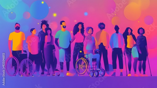 A diverse group of people standing together, including those using wheelchairs and crutches, depicted in a flat vector style with colorful abstract shapes and soft gradients