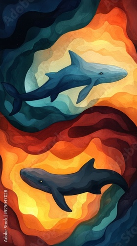 Artistic depiction of two sharks swimming through abstract waves, showcasing vibrant colors and dynamic shapes. photo