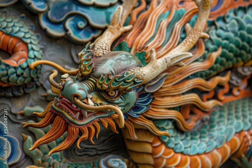 Close up of a colorful chinese dragon head statue showing sharp teeth Close up of a colorful chinese dragon head statue showing sharp teeth