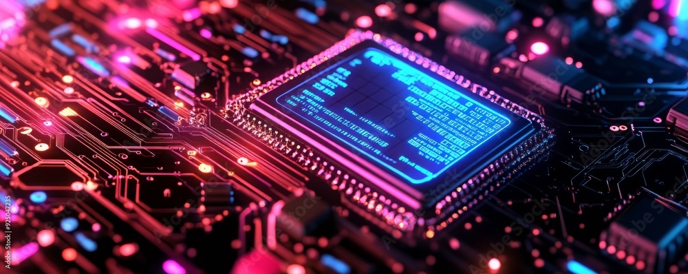 Close-up of a vibrant microchip on a circuit board, showcasing intricate circuitry and colorful LED lights for tech enthusiasts. Close-up of a vibrant microchip on a circuit board, showcasing intricate circuitry and colorful LED lights for tech enthusiasts.