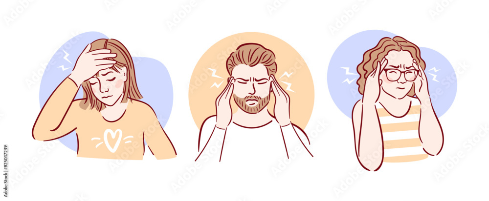 Individuals Suffering From Headaches and Their Associated Stress, Relief Expressions. migraine. Hand drawn vector illustration in sketch style. Health problems. Medical brochure template. Individuals Suffering From Headaches and Their Associated Stress, Relief Expressions. migraine. Hand drawn vector illustration in sketch style. Health problems. Medical brochure template.