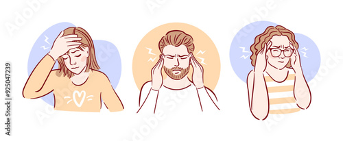 Individuals Suffering From Headaches and Their Associated Stress, Relief Expressions. migraine. Hand drawn vector illustration in sketch style. Health problems. Medical brochure template.