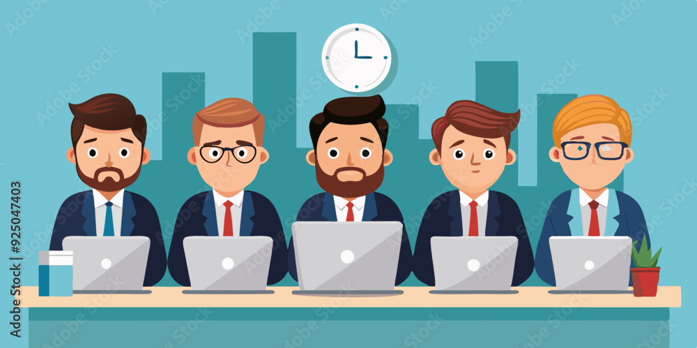 Set of business man character sitting at a desk in front of a laptop. Deadline. Office worker with different emotions
Set of business man character sitting at a desk in front of a laptop. Deadline. Office worker with different emotions