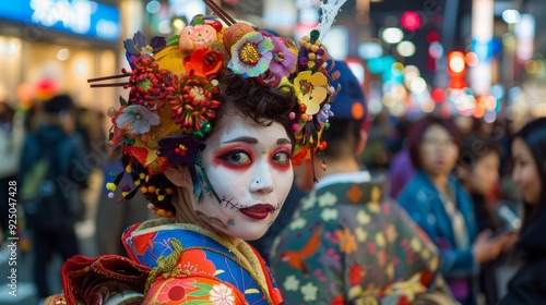 Colorful Halloween street festival with traditional costume and makeup