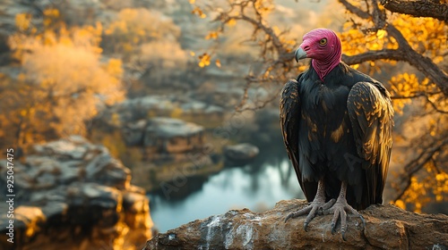 Lappet faced vulture perching on rock overlooking autumnal landscape photo