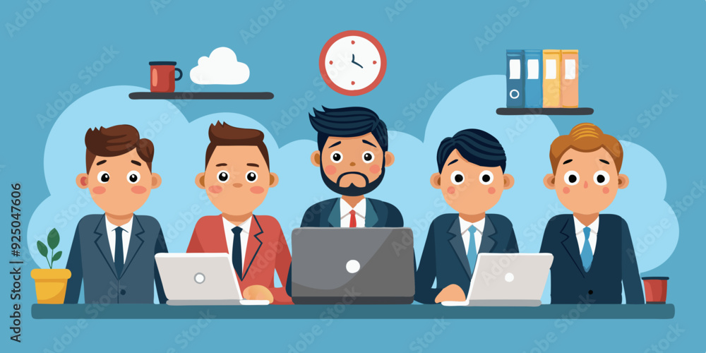 Set of business man character sitting at a desk in front of a laptop. Deadline. Office worker with different emotions
Set of business man character sitting at a desk in front of a laptop. Deadline. Office worker with different emotions