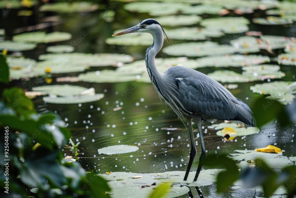 Naklejka premium Grey heron standing on water lilies in a pond