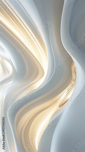 Portrait of dynamic white waves in a 3D abstract overlap texture with warm light modern architectural background