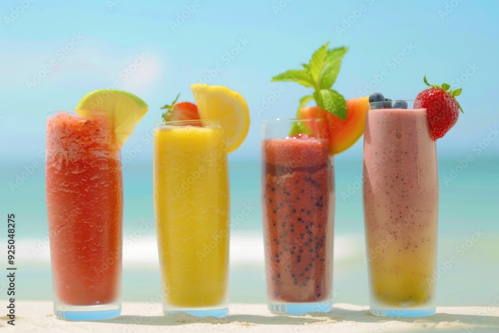 A collage of various tropical drinks with ice, fruit, and garnish. Perfect for a summer vacation. A collage of various tropical drinks with ice, fruit, and garnish. Perfect for a summer vacation.