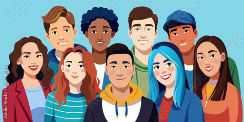 Company of modern happy teenagers friends. A group of school or college students. Portrait of young people, guys and girls
