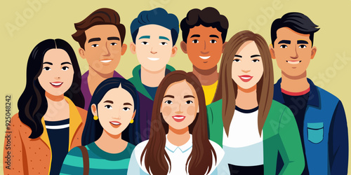 Company of modern happy teenagers friends. A group of school or college students. Portrait of young people, guys and girls
