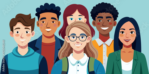 Company of modern happy teenagers friends. A group of school or college students. Portrait of young people, guys and girls
