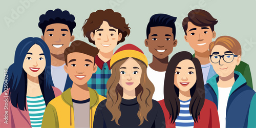 Company of modern happy teenagers friends. A group of school or college students. Portrait of young people, guys and girls
