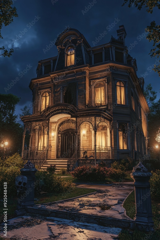 A stunningly detailed mansion illuminated at night, surrounded by a lush garden, exuding an eerie yet captivating ambiance. A stunningly detailed mansion illuminated at night, surrounded by a lush garden, exuding an eerie yet captivating ambiance.