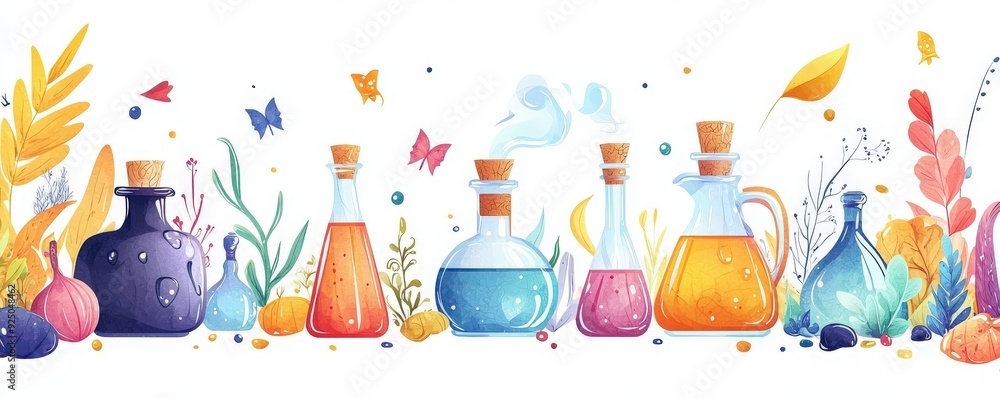 A vibrant illustration of colorful potion bottles among whimsical plants and butterflies, perfect for magic or potion themes. A vibrant illustration of colorful potion bottles among whimsical plants and butterflies, perfect for magic or potion themes.