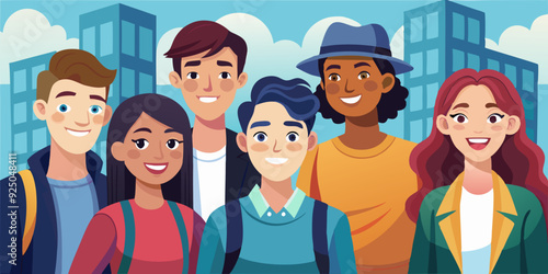 Company of modern happy teenagers friends. A group of school or college students. Portrait of young people, guys and girls
