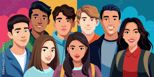 Company of modern happy teenagers friends. A group of school or college students. Portrait of young people, guys and girls
