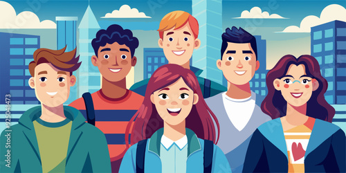 Company of modern happy teenagers friends. A group of school or college students. Portrait of young people, guys and girls
