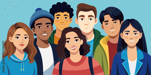 Company of modern happy teenagers friends. A group of school or college students. Portrait of young people, guys and girls
