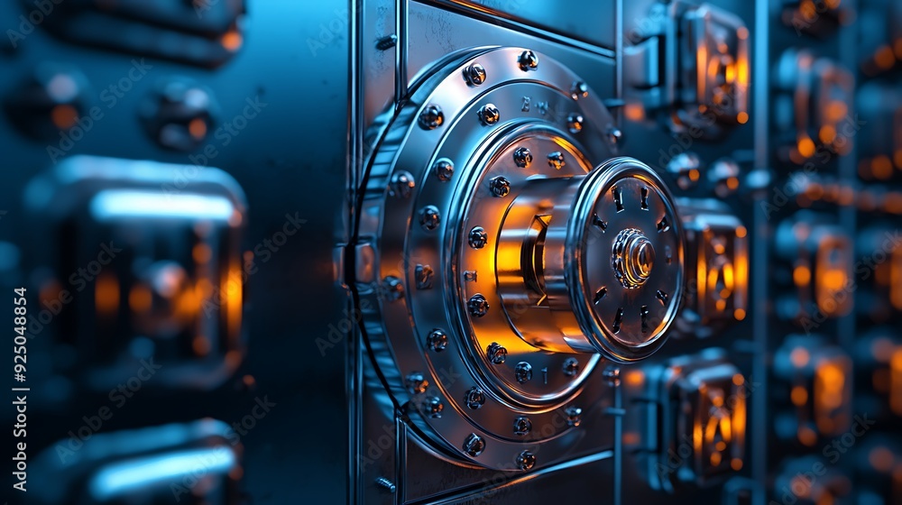 A secure 3D safe with floating digital locks, representing the utmost protection in financial management. A secure 3D safe with floating digital locks, representing the utmost protection in financial management.