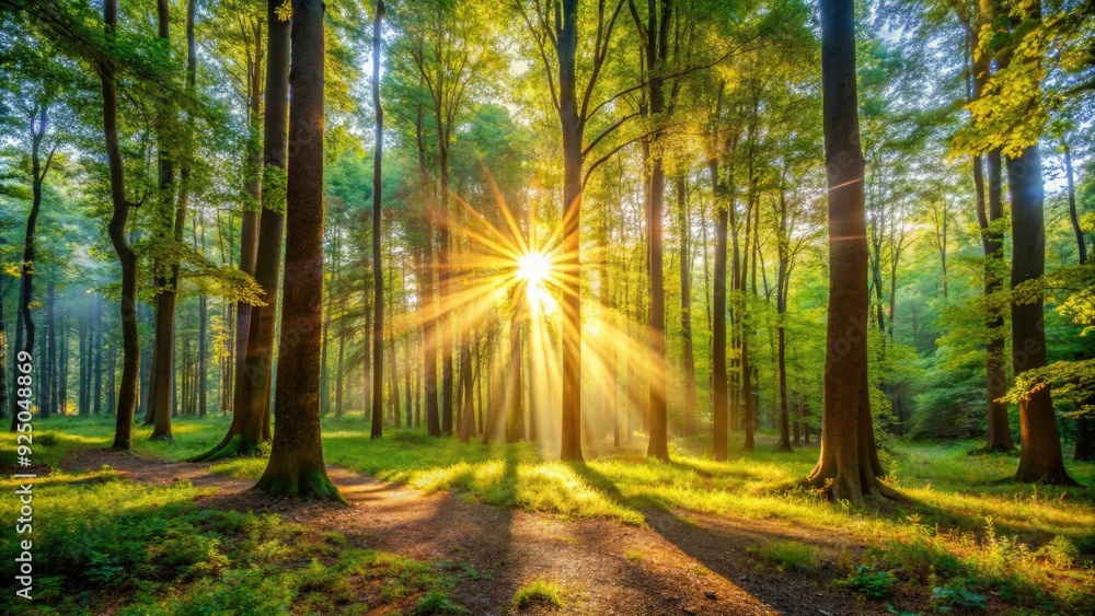 A sunny morning in the forest with bright sunlight streaming through the trees, forest, woods, nature, morning, sunlight A sunny morning in the forest with bright sunlight streaming through the trees, forest, woods, nature, morning, sunlight