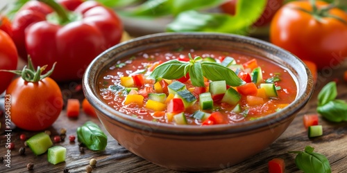 A bowl of vibrant gazpacho, garnished with fresh basil and diced vegetables, sitting on a rustic wooden table surrounded by ripe tomatoes and peppers.