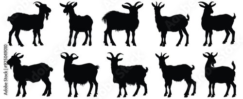 Goat silhouettes set, animal pack of vector silhouette design, isolated background