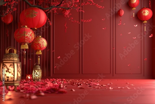 Red lanterns hanging from a cherry tree branch in a room with red walls decorated for chinese new year celebration