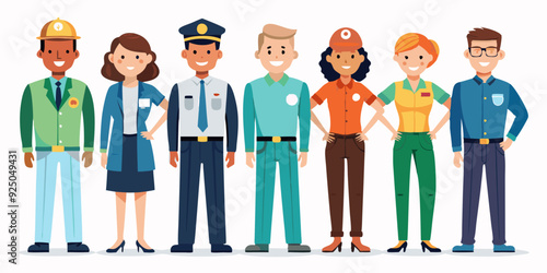 Set of people of different professions. Men and women in uniform in full length on a white background
