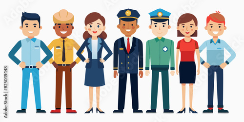 Set of people of different professions. Men and women in uniform in full length on a white background

