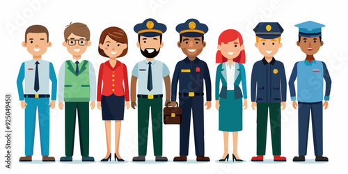 Set of people of different professions. Men and women in uniform in full length on a white background
