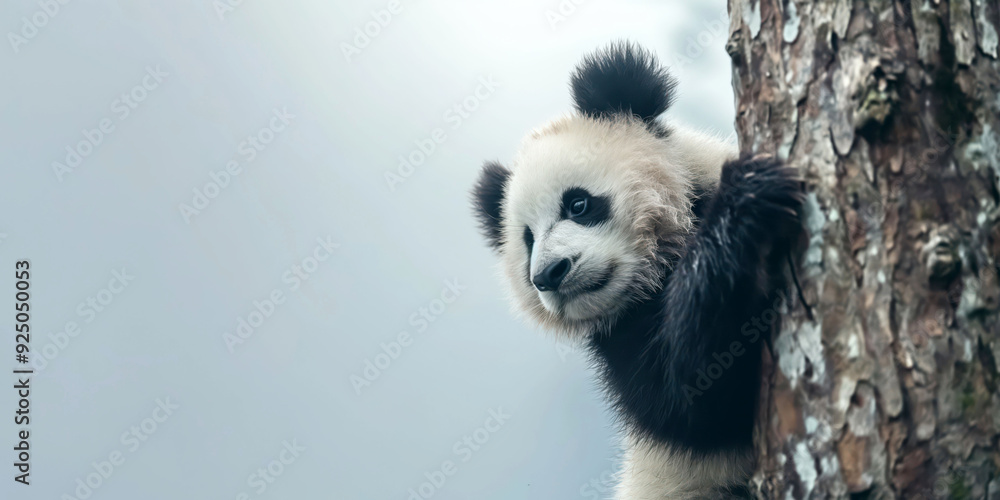 Obraz premium Adorable Baby Panda Climbing Tree Trunk with Soft White and Black Fur in Natural Habitat