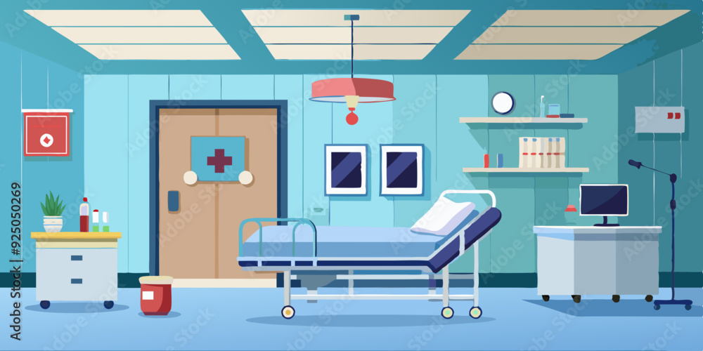 Naklejka premium Interior of an empty hospital room with a bed and medical equipment. Vector illustration 