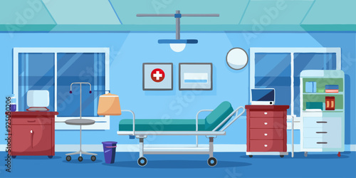 Interior of an empty hospital room with a bed and medical equipment. Vector illustration

