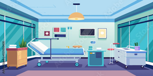 Interior of an empty hospital room with a bed and medical equipment. Vector illustration
