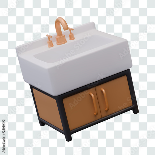 Realistic sink with faucet, cabinet. Classic sanitary ware for bathroom
