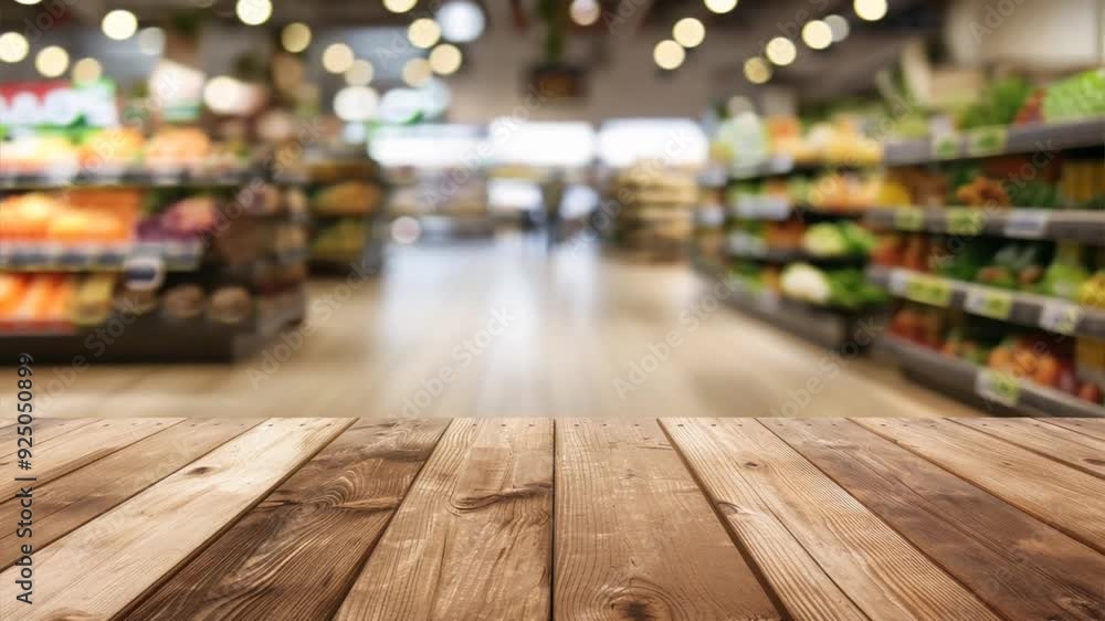 Grocery Store Aisle Tabletop: A rustic wooden table top with a blurred background of a bustling supermarket aisle. Perfect for showcasing your products with a sense of everyday life. Grocery Store Aisle Tabletop: A rustic wooden table top with a blurred background of a bustling supermarket aisle. Perfect for showcasing your products with a sense of everyday life.