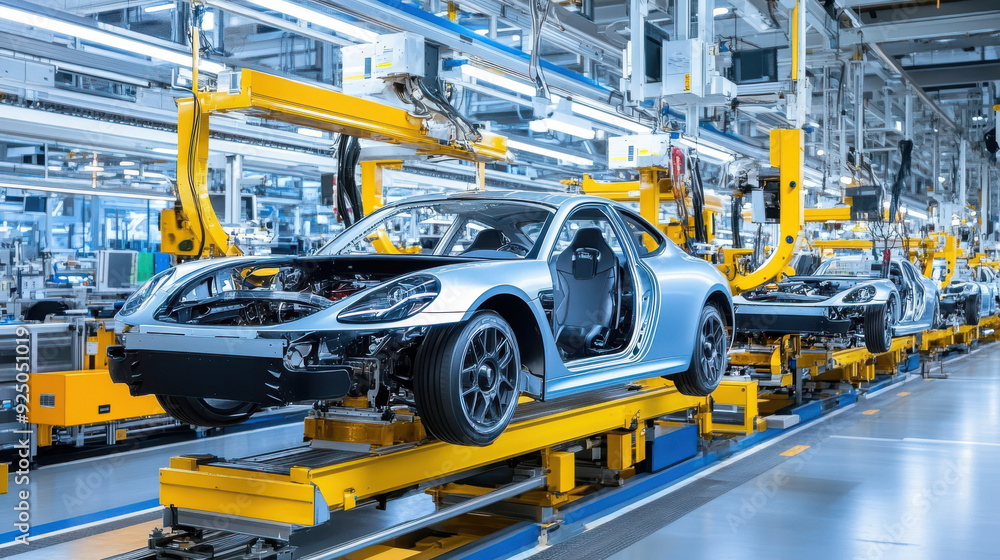 Advanced assembly line with hybrid cars in various stages of production Advanced assembly line with hybrid cars in various stages of production