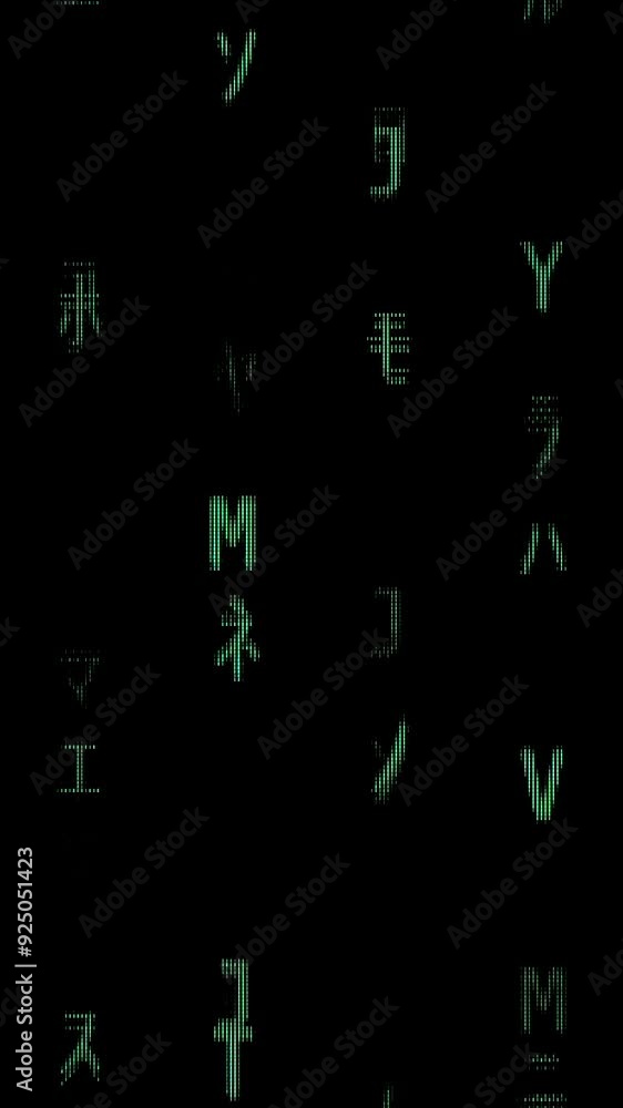 Vertical video. Green Japanese Characters Stream Down a Black Screen in Vertical Lines, Emulating the Iconic Matrix Code Effect. Vertical video. Green Japanese Characters Stream Down a Black Screen in Vertical Lines, Emulating the Iconic Matrix Code Effect.