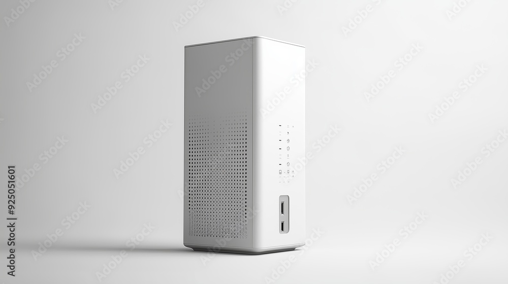Modern white wireless speaker positioned on a minimalist surface in a well-lit studio Modern white wireless speaker positioned on a minimalist surface in a well-lit studio