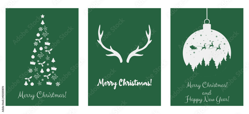 Set of vector greeting Christmas postcards with Christmas Tree made of stars, hearts, trees, Deer antlers and Christmas ball design of Santa Claus flies in a sleigh with reindeer green background. Set of vector greeting Christmas postcards with Christmas Tree made of stars, hearts, trees, Deer antlers and Christmas ball design of Santa Claus flies in a sleigh with reindeer green background.