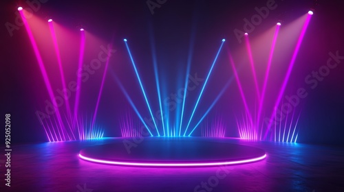 Empty podium stage in a dark black room with neon lights. Round dais or platform with modern pink and blue light. Perfect for product presentation and advertisement.